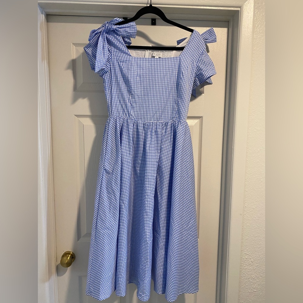 Ivy City Co Blue Gingham Dress with Bow Detail